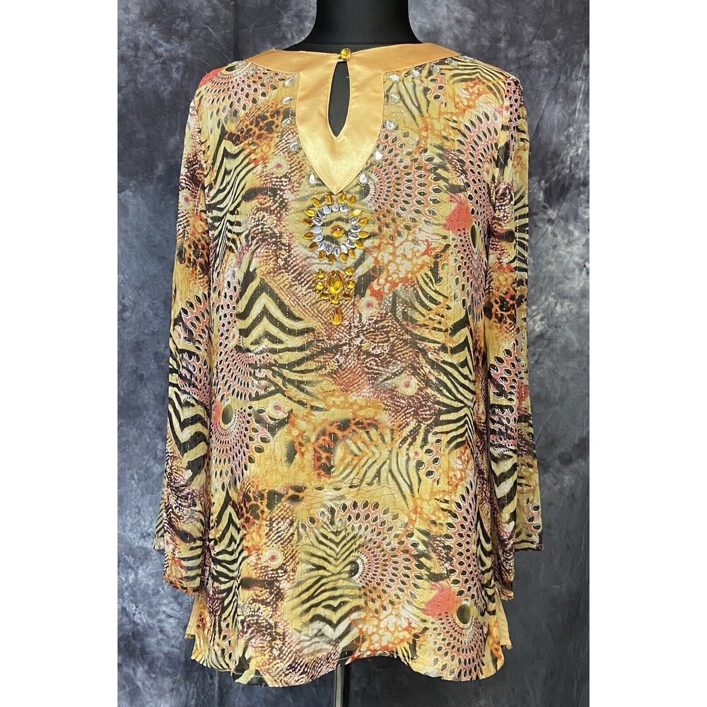 Diane Gilman Size Small Silk Beaded Embellished Semi Sheer Tunic Top